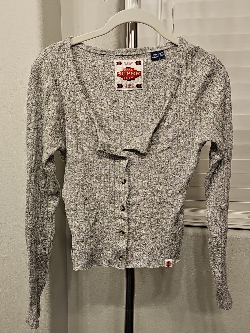 Superdry Western Sunset Gray Ribbed Button Top Women’s US 6
